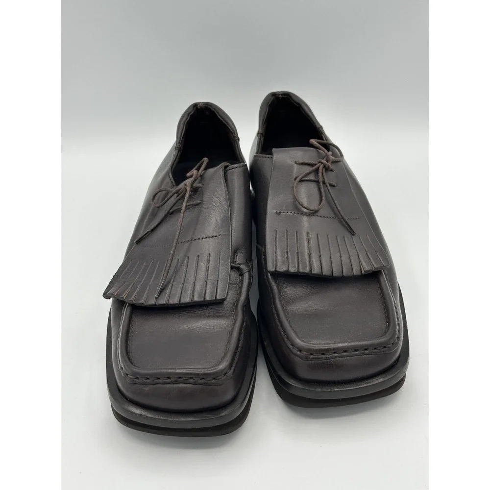 Prada Brown Leather Kiltie Fringe Derby Shoes Square Toe Italy Made sz  8 Men's